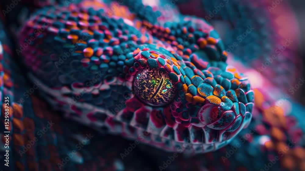 Poster a close-up view of a colorful snake's head, with vibrant scales and a curious expression