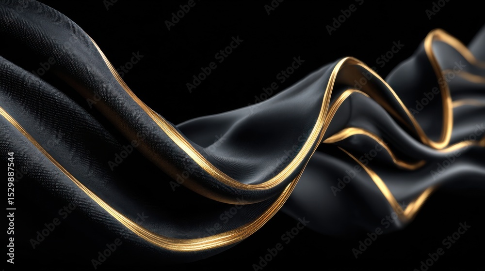 Poster black fabric flows smoothly with waves, highlighted by thin lines of gold. the interplay of light an