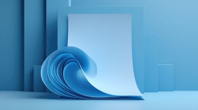 Elegant blue paper forms a wave, contrasting against a backdrop of geometric shapes. This artwork showcases modern design elements in a serene setting, emphasizing creativity.