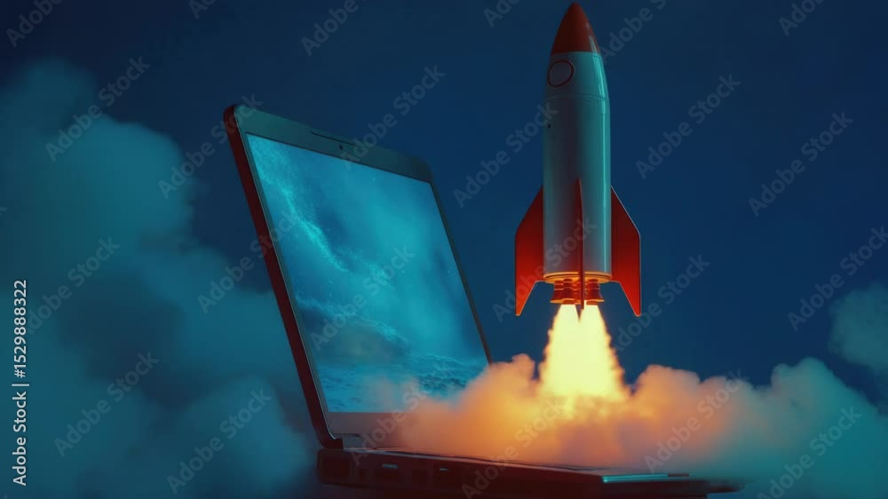 Poster a futuristic concept image featuring a laptop emitting a rocket, ideal for tech-related and innovati