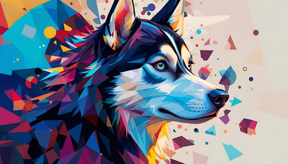 Colorful husky dog art print abstract geometric animal illustration for home decor and wall art ideas