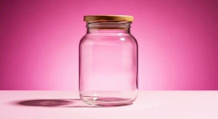 An empty glass jar with a golden lid sits on a pink surface against a bright pink background studio shot