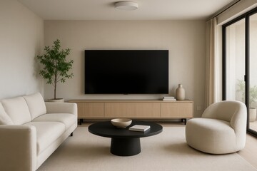 Contemporary living room featuring large wall-mounted television screen