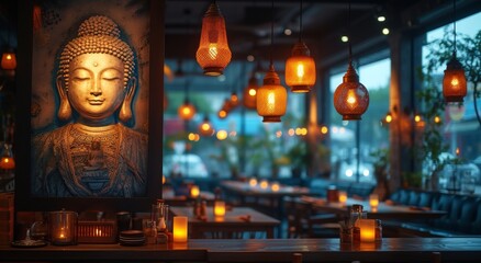 Fototapeta premium A calming Buddha statue is combined with warm lighting and decorative lanterns in a cozy restaurant setting, inviting reflection and tranquility for patrons enjoying their meals.
