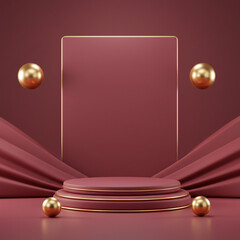 Red podium with a gold base, a rectangular backdrop, and gold spheres against a dark background with red curtains. Luxurious stage creating a rich, theatrical display. Perfect for premium themes.