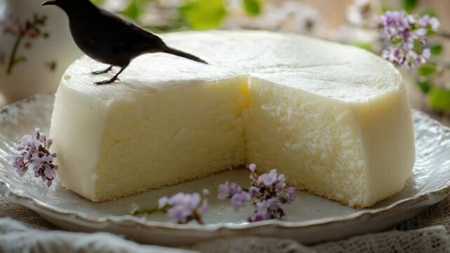 A small bird perched on top of a slice of cake, looking for its next meal.