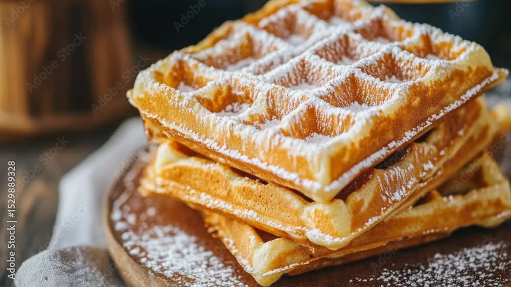 Poster A stack of crispy waffles topped with generous helpings of powdered sugar