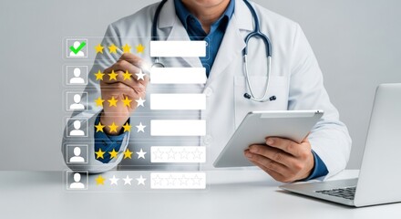 Doctor in lab coat holding tablet and pointing at customer satisfaction rating interface with stars