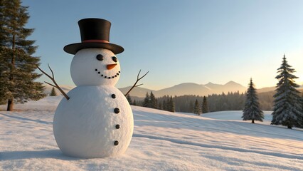 Obraz premium Charming Snowman with Top Hat in a Snowy Winter Landscape at Sunset