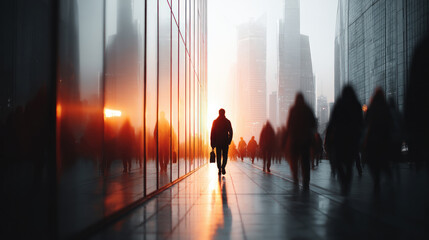Businessman walking towards sunset in urban cityscape professional environment inspirational view