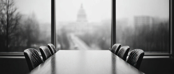Modern corporate boardroom with city skyline view and empty chairs for professional meetings