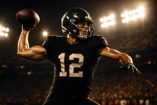 Dynamic American football quarterback throwing touchdown pass in stadium lights