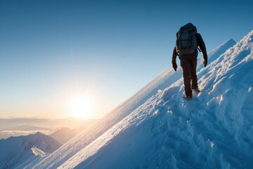 Hiking adventure on snowy mountain peak at sunrise outdoor exploration scenic viewpoint