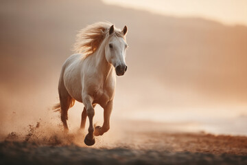 Majestic white horse galloping on beach at sunset nature photography serene environment