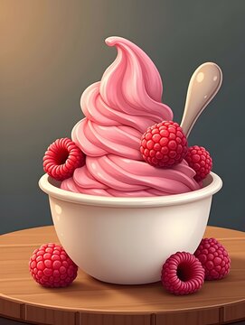 Raspberry ice cream with spoon on wooden table