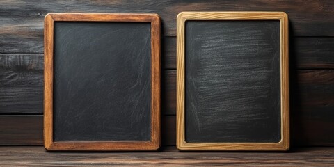 Fototapeta premium Two empty black chalkboards with wooden frames placed on a rustic wooden table, perfect for writing messages or lessons