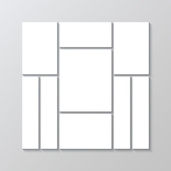 Moodboard picture frame. Album brandboard. Images mosaic mockup. Scrapbook collage. Photo grid template. Portfolio gallery layout. Mood board square banner. Vector illustration