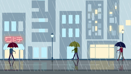 People walking with umbrellas in rainy urban environment  