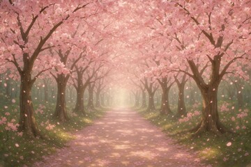 Obraz premium Enchanting cherry blossom tunnel with pink sakura petals floating in spring breeze
