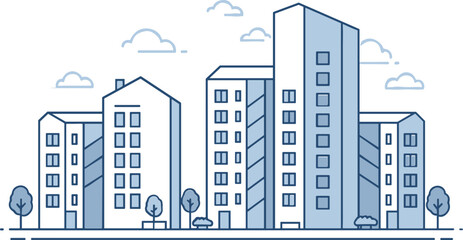 Outline of modern apartment buildings with trees and clouds in blue