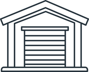 Outline of a garage with a closed rolling door and roof design  