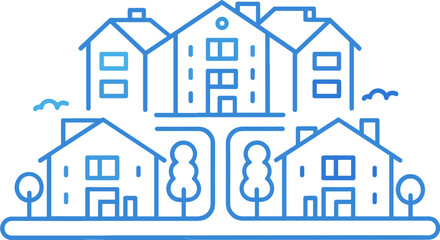 Line art illustration of homes arranged in a community setting  