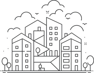 Minimalist cityscape illustration with linear design and clouds -  