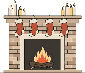 Cozy fireplace with stockings and candles during Christmas season  