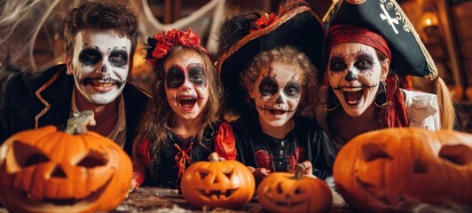 The joyful family celebrating Halloween with costumes and carved pumpkins.