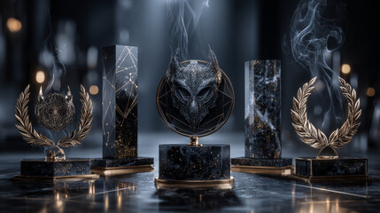 Set of golden ribbons, laurel wreaths of different shapes for winners gold podium vector illustration. 3d realistic luxury leadership award with falling glitter and light smoke on dark background