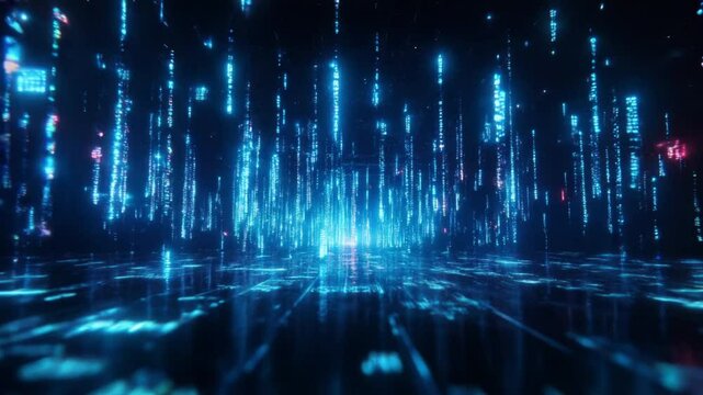 Binary code streaming in a dark cyberspace with glowing blue numbers.