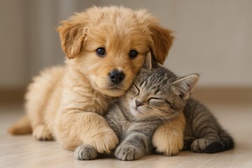 Heartwarming portrait of puppy and kitten cuddling together