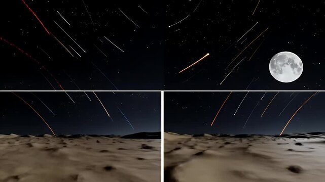 Stunning full moon meteor shower over a desert landscape