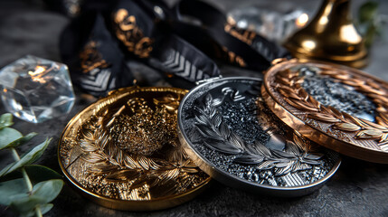 Sport competition medals 3d realistic illustration. Golden, silver, bronze awards for first, second, third place. Championship winner’s trophies with decorative olive branch on grey background