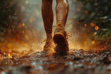 A close-up shot of a runner's feet splashing through muddy terrain, capturing the essence of adventure and the thrill of outdoor experiences in nature's elements.