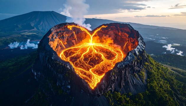 Heart shaped volcano eruption with lava flow and mountain landscape aerial view photography generative ai  - Powered by Adobe