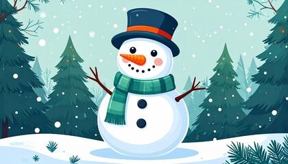 Cute Cartoon Christmas Snowman Character in the Snow