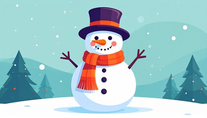 Cute Cartoon Christmas Snowman Character in the Snow