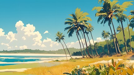 Obraz premium Tropical Beach with Palm Trees and Blue Ocean Under Sunny Sky – Paradise Island Fantasy Landscape Illustration