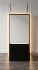 Tall vertical light box mockup with a glowing gold frame on a black pedestal against a wooden floor. Luxurious stage offering an elegant, minimal display. Perfect for fashion or jewelry themes.