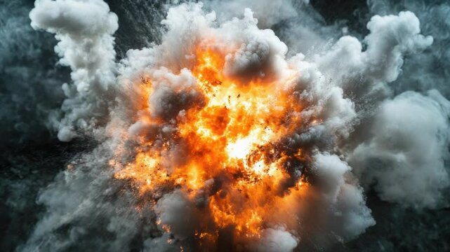 A large explosion of orange and white smoke with sparks flying everywhere, possibly from a fireworks display or industrial accident.