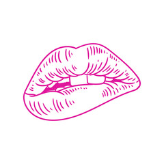 Hand-drawn illustration of lips in linear style, mouth drawing with big, original lips for posters, products, or graphic design.