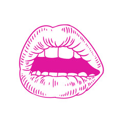 Hand-drawn illustration of lips in linear style, mouth drawing with big, original lips for posters, products, or graphic design.