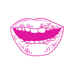 Hand-drawn illustration of lips in linear style, mouth drawing with big, original lips for posters, products, or graphic design.