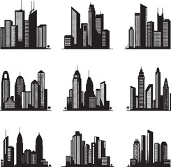 Skyscraper and City Building Silhouettes. Clean Black Clipart Icons for Design