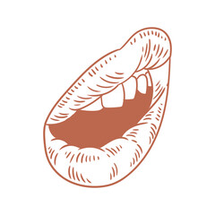 Hand-drawn illustration of lips in linear style, mouth drawing with big, original lips for posters, products, or graphic design.