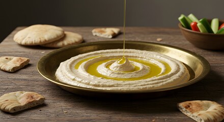 A brass tray of hummus with olive oil swirl on a kitchen table