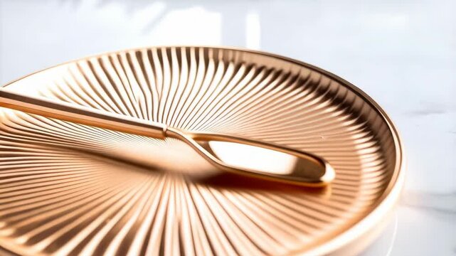 Elegant rose gold butter knife resting on a patterned plate, displayed on a marble surface with subtle botanical accents