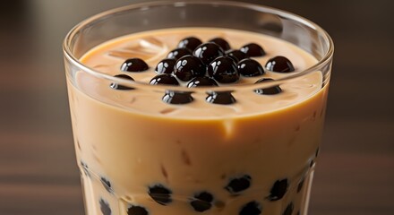 Bubble tea tapioca pearls in sweet milk tea on a restaurant table