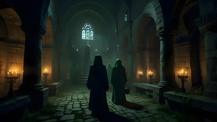 A dark, candlelit crypt beneath a crumbling castle. A coven of witches in tattered robes chant around a glowing cauldron, their faces obscured by hoods. Eerie green mist swirls around ancient pillers.